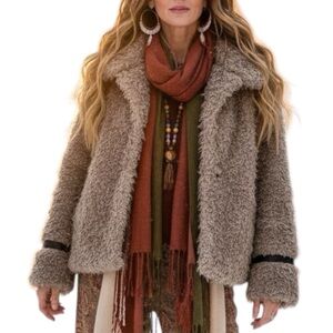 Kial Taupe Brown Faux Fur Leather Teddy Boho Winter Coat Jacket Large